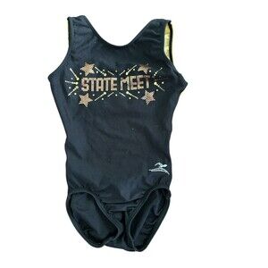 Motionwear Girls Black and Gold Sparkle Stars State Meet Leotard Size‎ CS